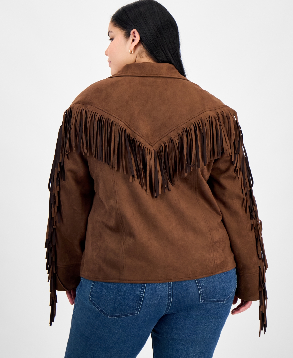 And Now This Trendy Plus Size Fringed Faux-suede Jacket, Macy's Exclusive In Brown