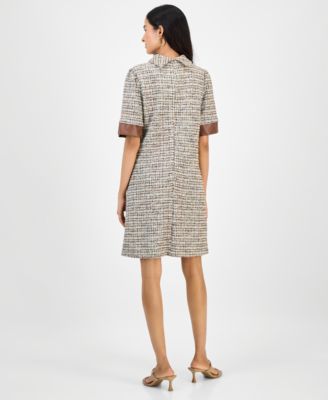 Women's Faux-Leather-Trim Tweed Shift Dress