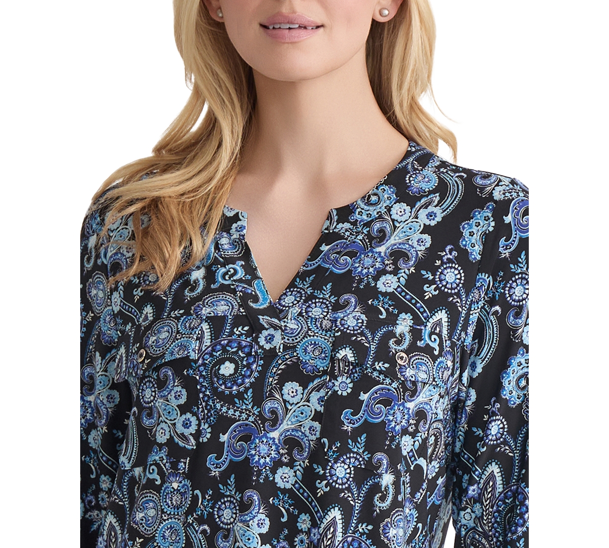 Jones New York Petite Paisley-print Utility Blouse In Blue