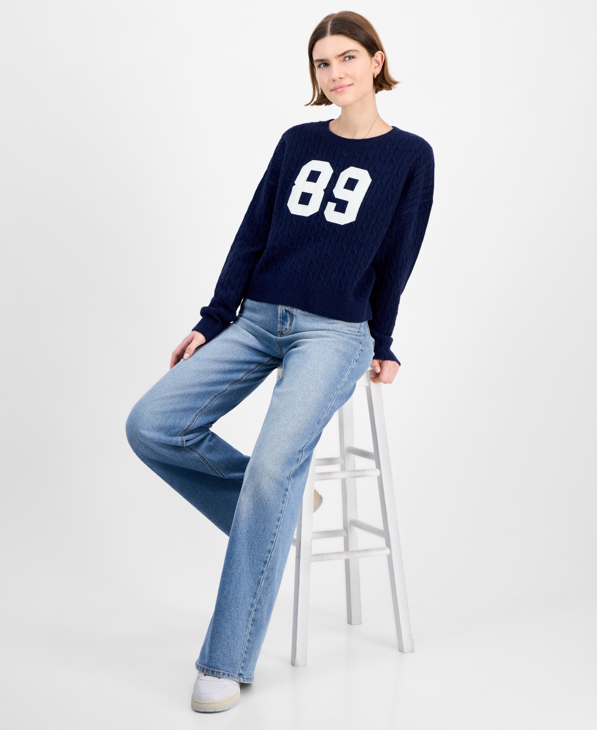 Hippie Rose Juniors' Cable-knit Varsity Sweater In Blue