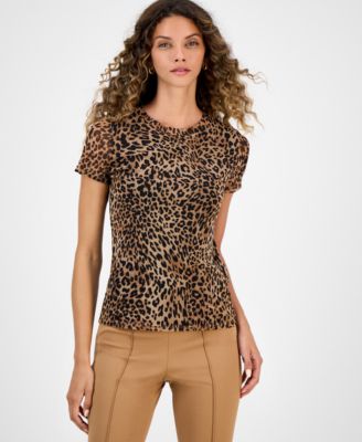 Bar III - Women's Leopard-Print Short-Sleeve Mesh Top