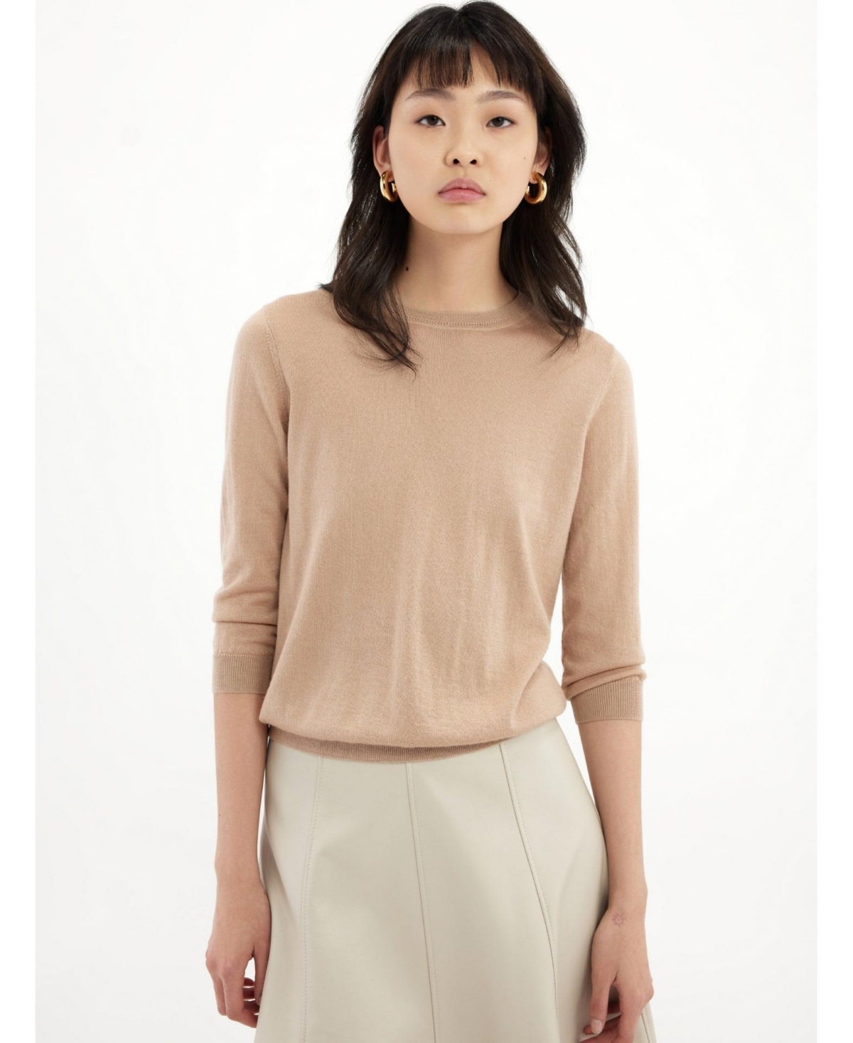 Silk Cashmere Crew Neck Top - Medium Brown 214