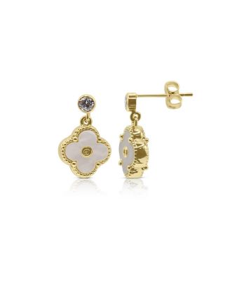 Non Tarnishing 10mm Gold Filled Mother Of Pearl Clover With Cubic Zirconia Stud Earrings