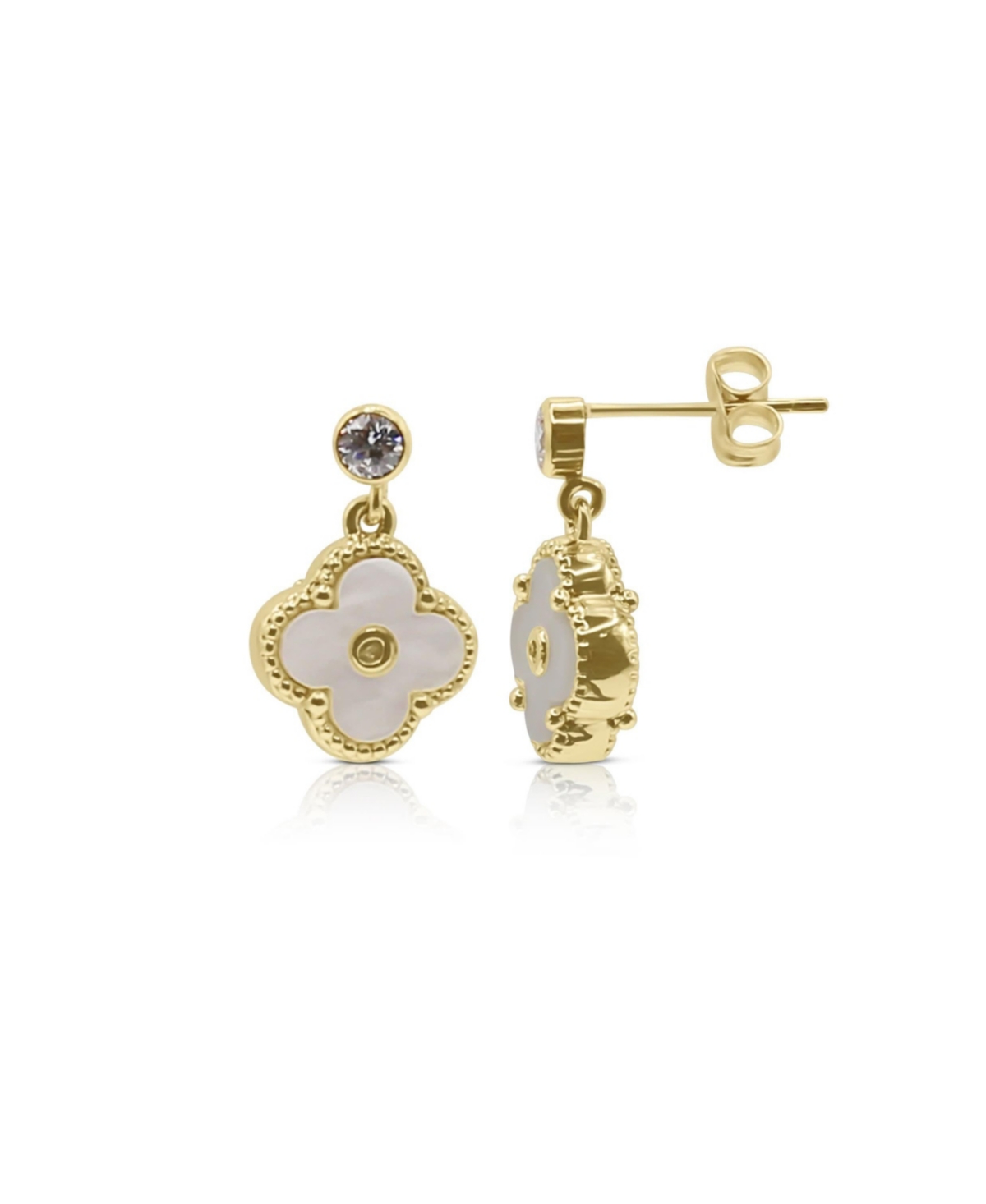 Non-Tarnishing 10mm Gold Filled Mother Of Pearl Clover with Cubic Zirconia Stud Earrings - Gold
