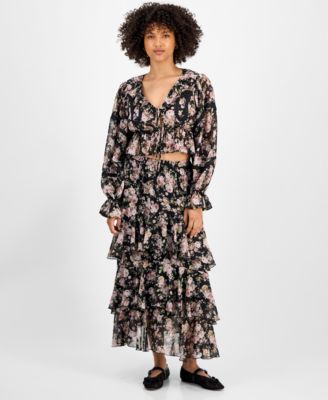 Petite Ruffle Long Sleeve Tie Front Top