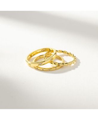 14k Gold-Plated Brass Cubic Zirconia Triad Ring, Set of 3
