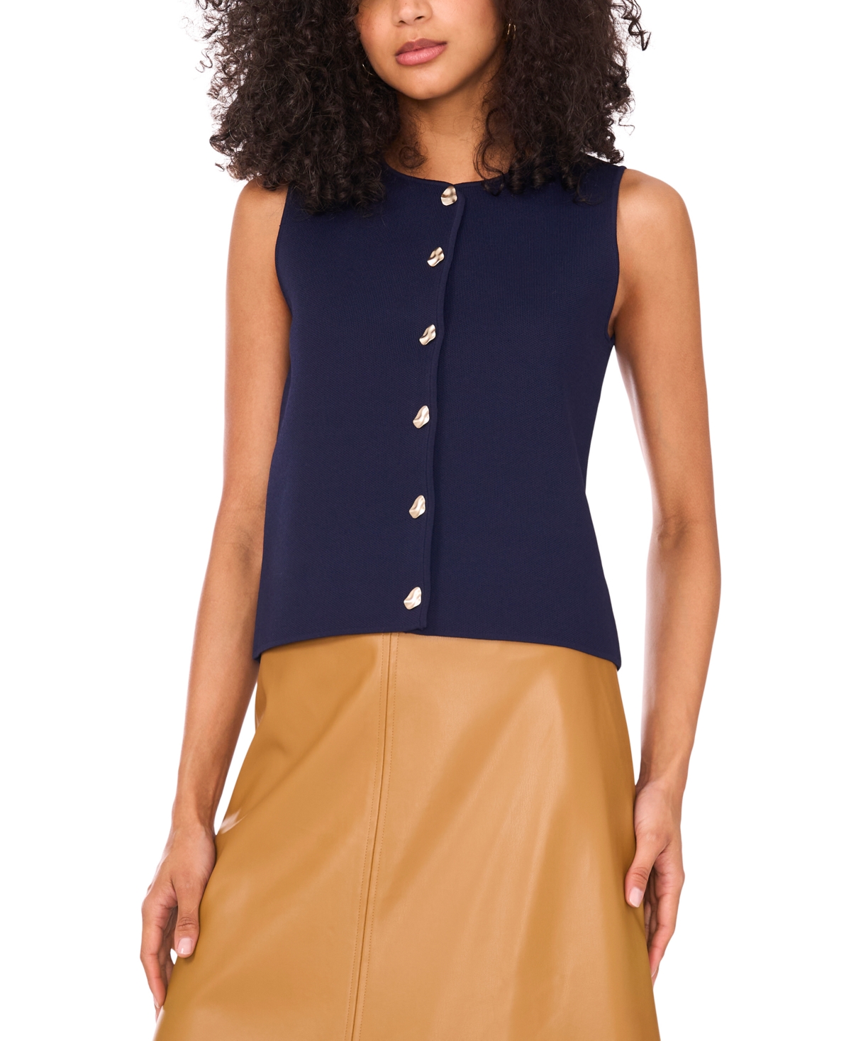 Women's Crewneck Sleeveless Button Sweater - Classic Navy
