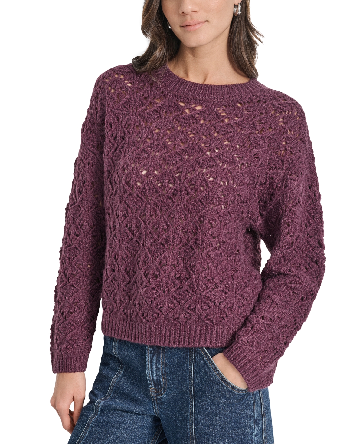 Dkny Jeans Petite Pointelle Crewneck Sweater In Brown