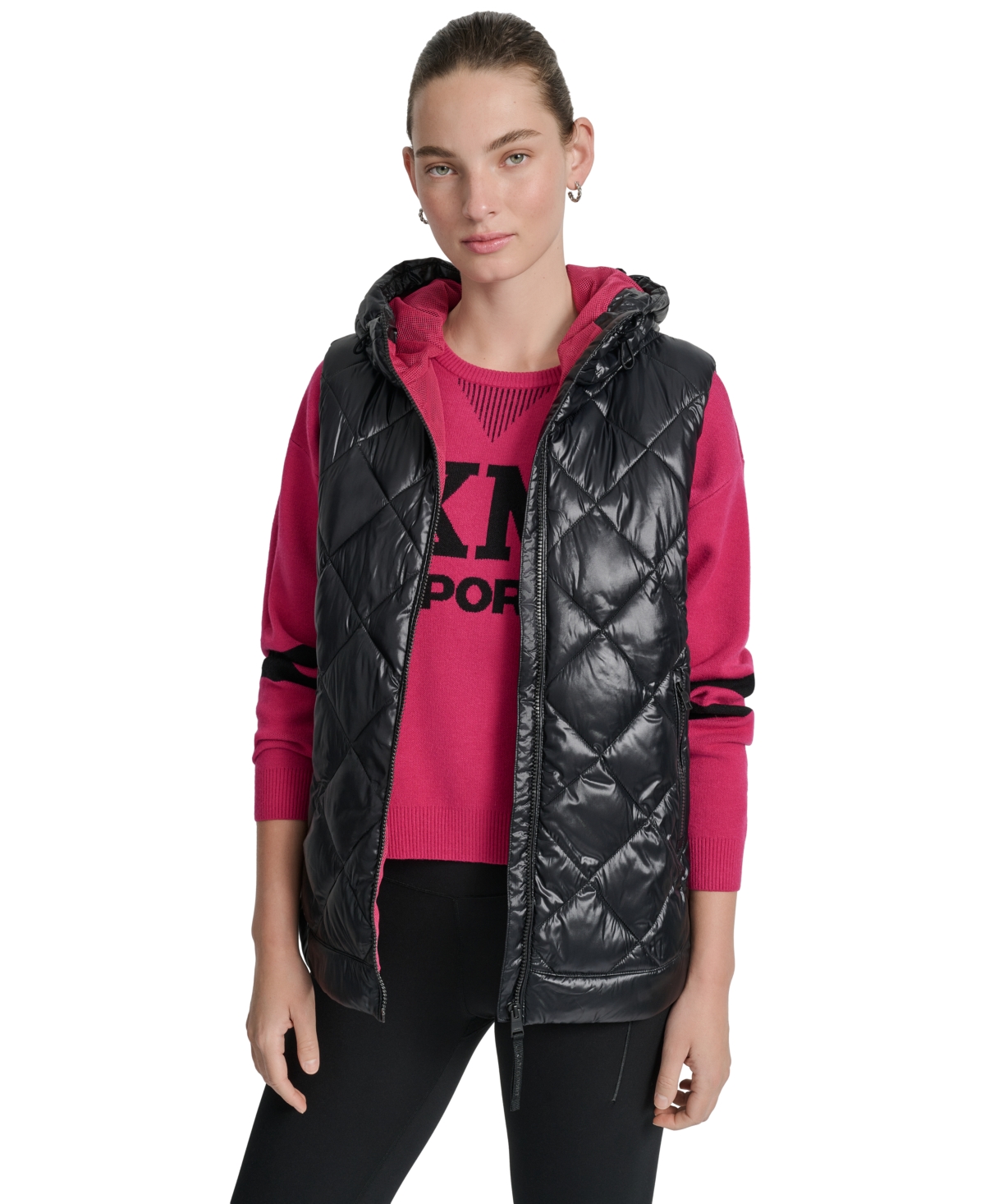 Dkny Women's Quilted Curved-hem Hooded Vest In Black