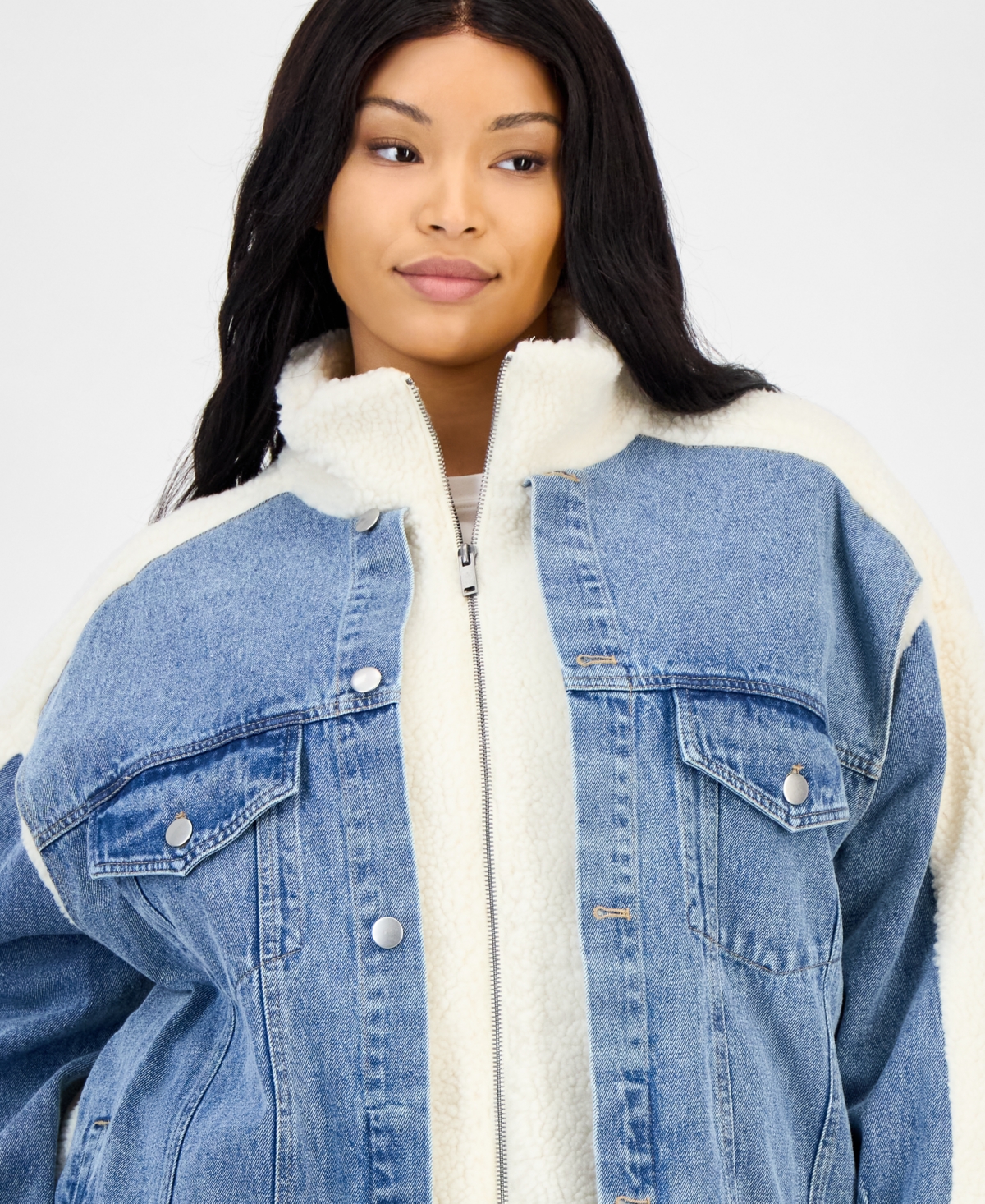 And Now This Trendy Plus Size Denim-Front Teddy Jacket, Macy's Exclusive