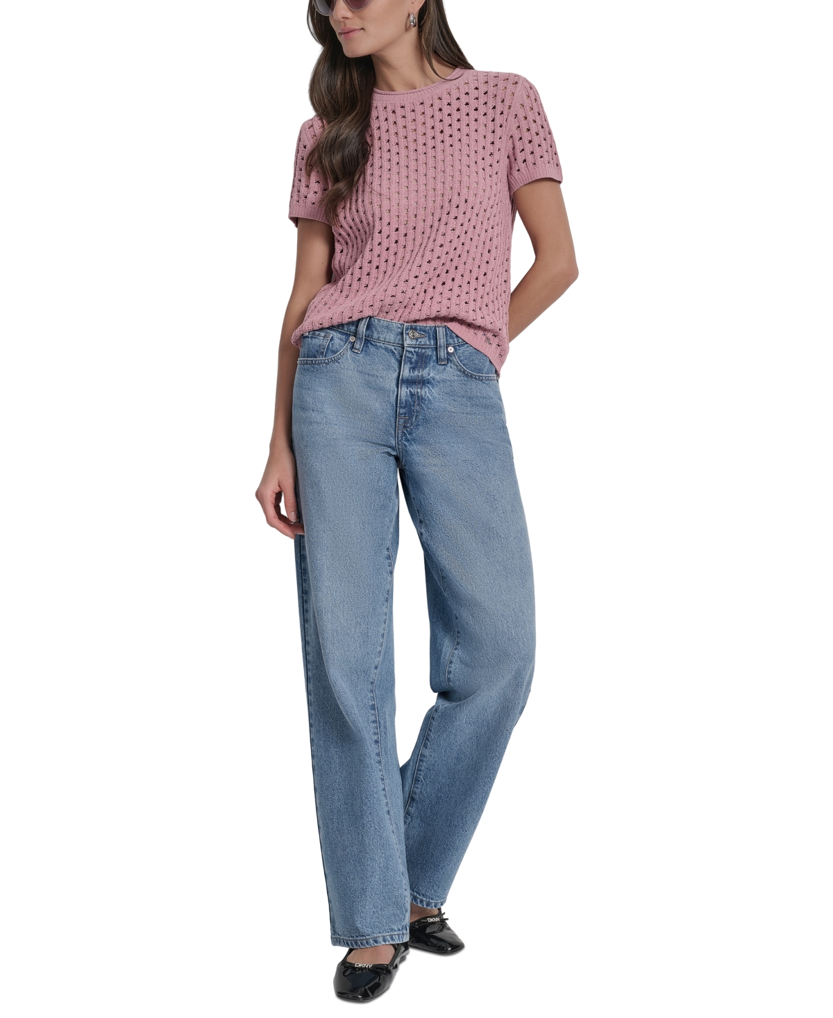 Dkny Jeans Petite Open-stitch Crewneck Sweater In Blue