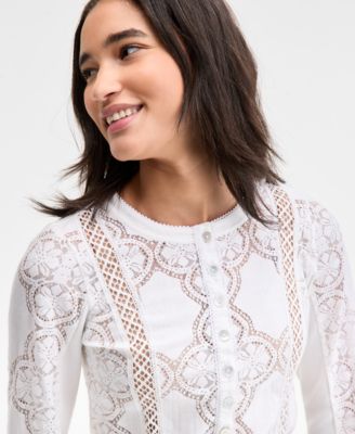Women's Button-Front Long Sleeve Lace Top
