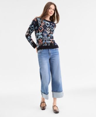 Women's Printed Long-Sleeve Crewneck Sweater