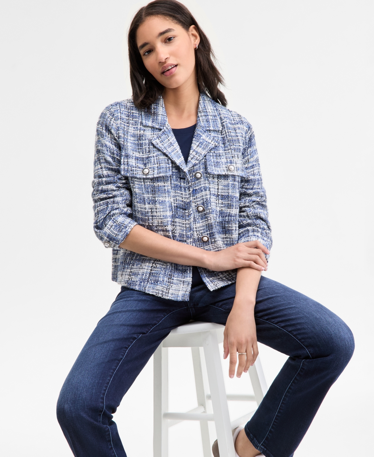 Liverpool Los Angeles Women's Boucle Pearl-button Jacket In Blue