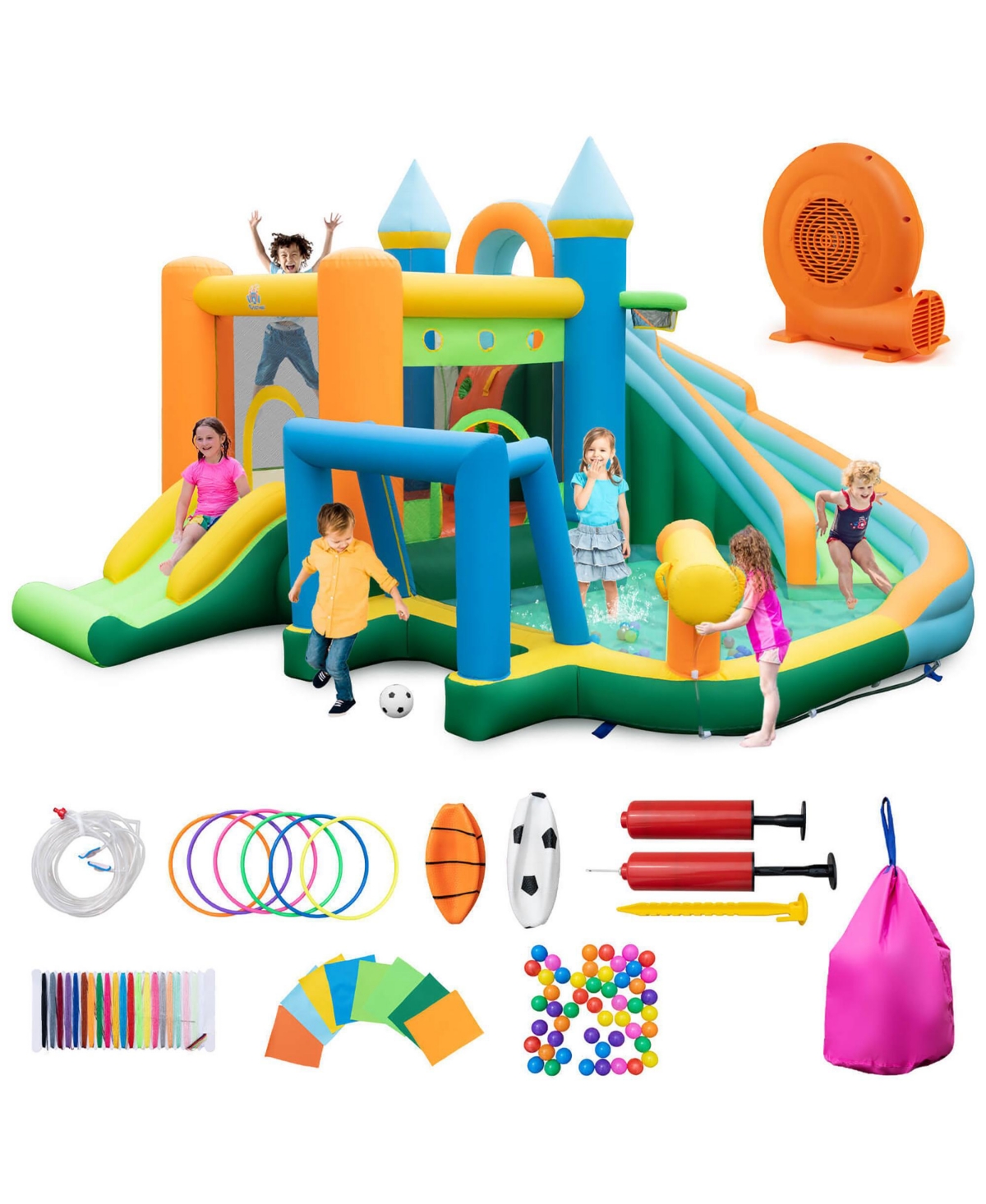 Gymax Inflatable Water Slide Kids Blow up Water Park with Climbing Wall Blower Included