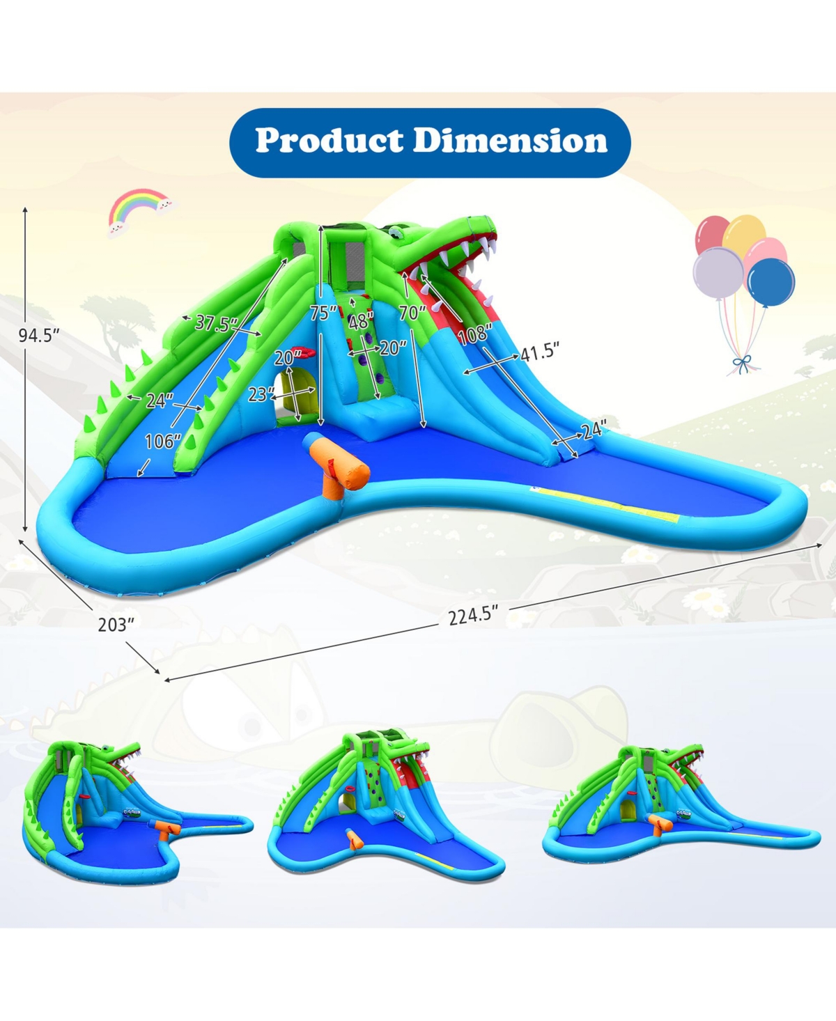 Gymax Crocodile Inflatable Water Slide Park Kids Bounce House with Dual Slides With 780W Blower