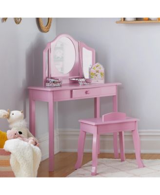 Kids' Vanity and Stool Set - White: Little Girls Pretend Play Princess Desk and Chair, Makeup Mirror with Storage Drawer