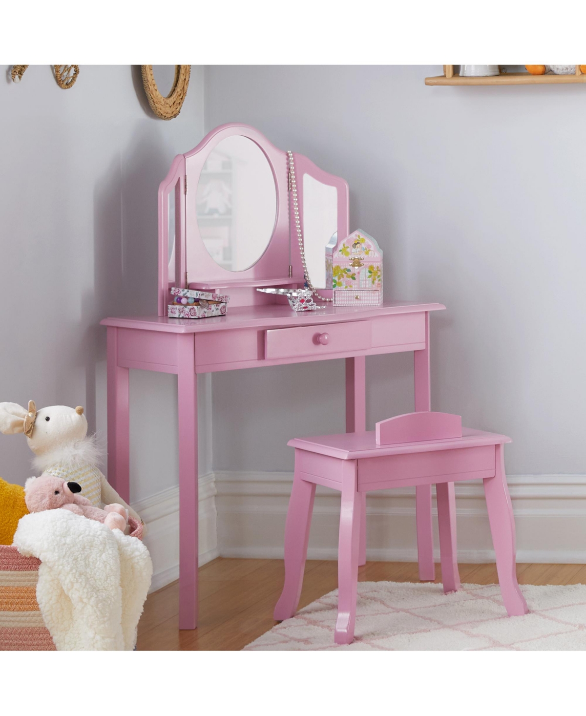 Guidecraft Kids' Vanity and Stool Set - Pink: Children's Princess Pretend Play, Dress Up Desk and Makeup Mirror with Storage Drawer