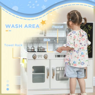 Kids Kitchen Playset Pretend Play Toy Kitchen with Play Phone, Chalkboard, Towel Rack, Ice Maker, 5 Accessories, Storage Space