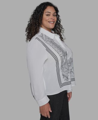 Plus Size Paris-Print Button-Front Blouse