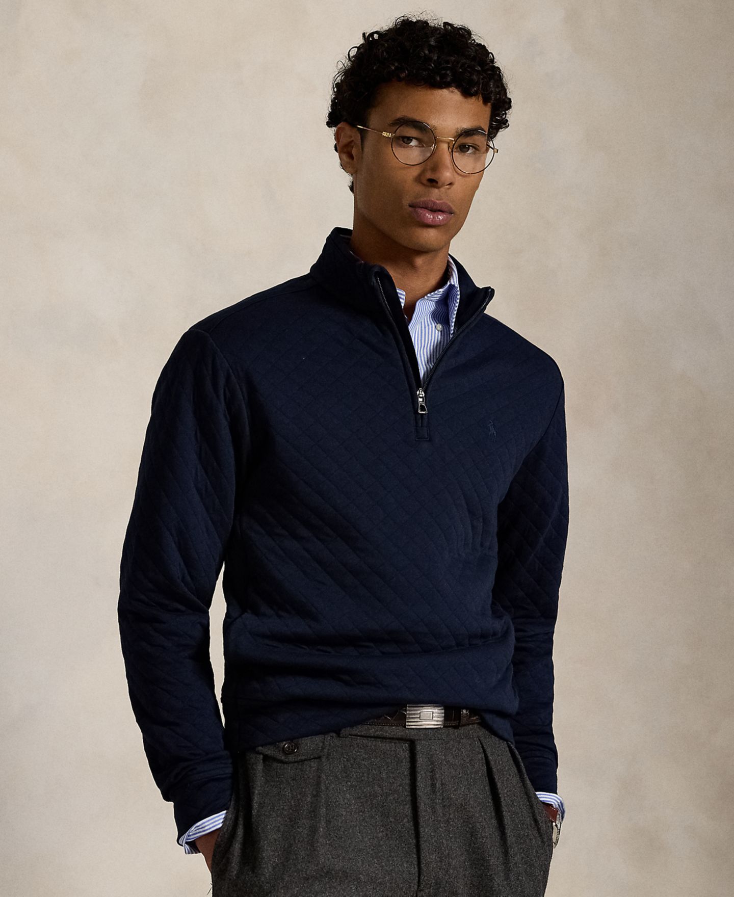 Мужской свитер Polo Ralph Lauren Quilted Double-Knit Jersey Pullover, цвет: Тёмно-синий — фото 1
