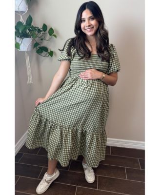 Maternity Rust Gingham Smocked Midi Dress