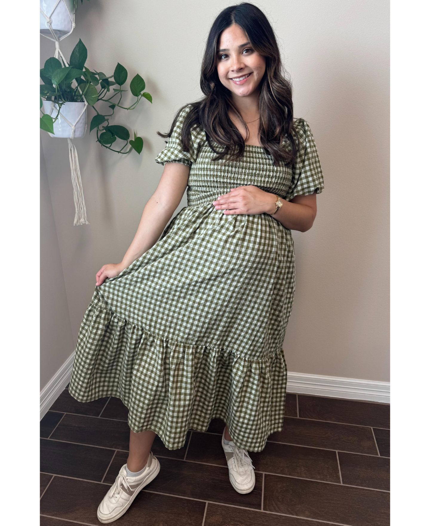 Женское платье Pinkblush Rust Gingham Smocked Midi, цвет: Оливковый зелёный — фото 7