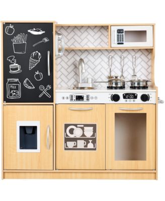 Pretend Play Kitchen Wooden Toy Set for Kids w/ Telephone, Utensils, Oven, Microwave