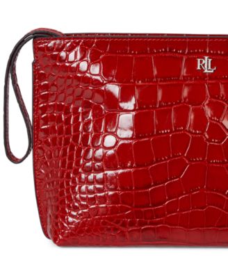 Crocodile-Embossed Leather Zipper Pouch