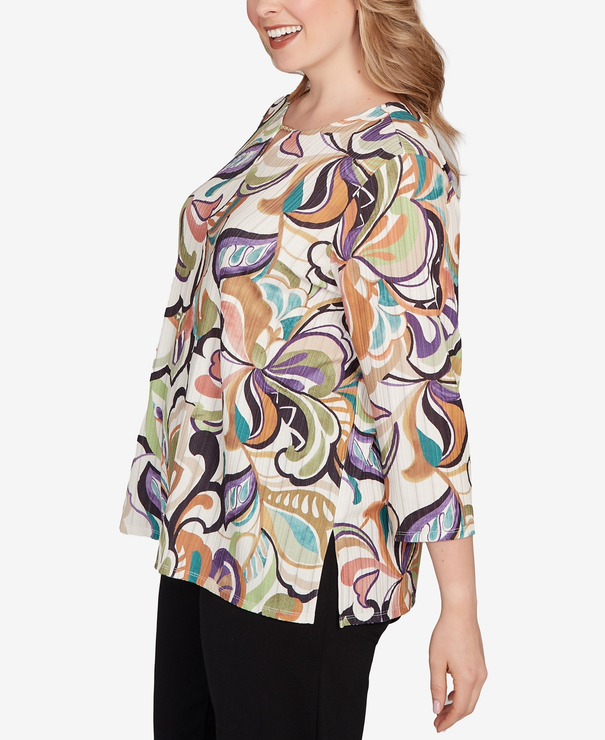 Alfred Dunner Plus Size Classic Abstract Scroll Split Neck Top In Neutral