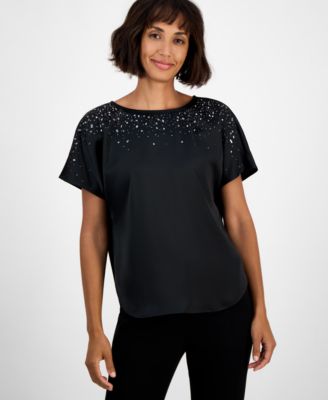 Anne Klein - Petite Embellished-Boat-Neck Short-Sleeve Blouse