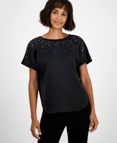 Petite Embellished-Boat-Neck Short-Sleeve Blouse  - Anne Black