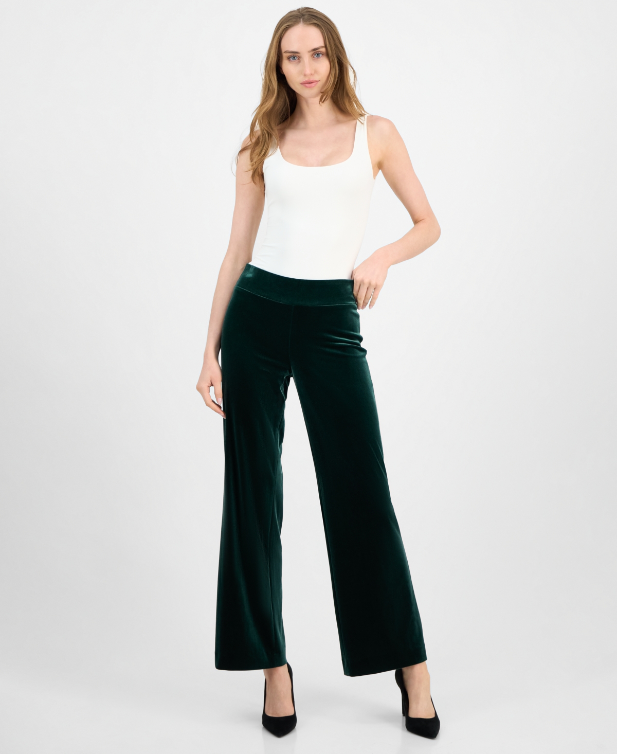 Anne Klein Women's Velvet High-rise Pull-on Wide-leg Pants In Green