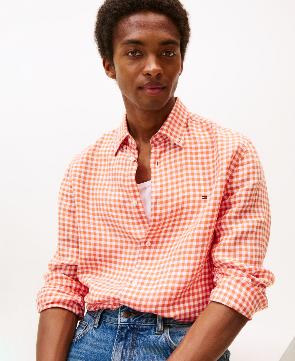 Tommy Hilfiger Men's 100% Linen Gingham Button Up Shirt