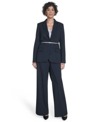 Calvin Klein Womens Pinstripe Belted One Button Jacket High Rise Wide Leg Pants In Black