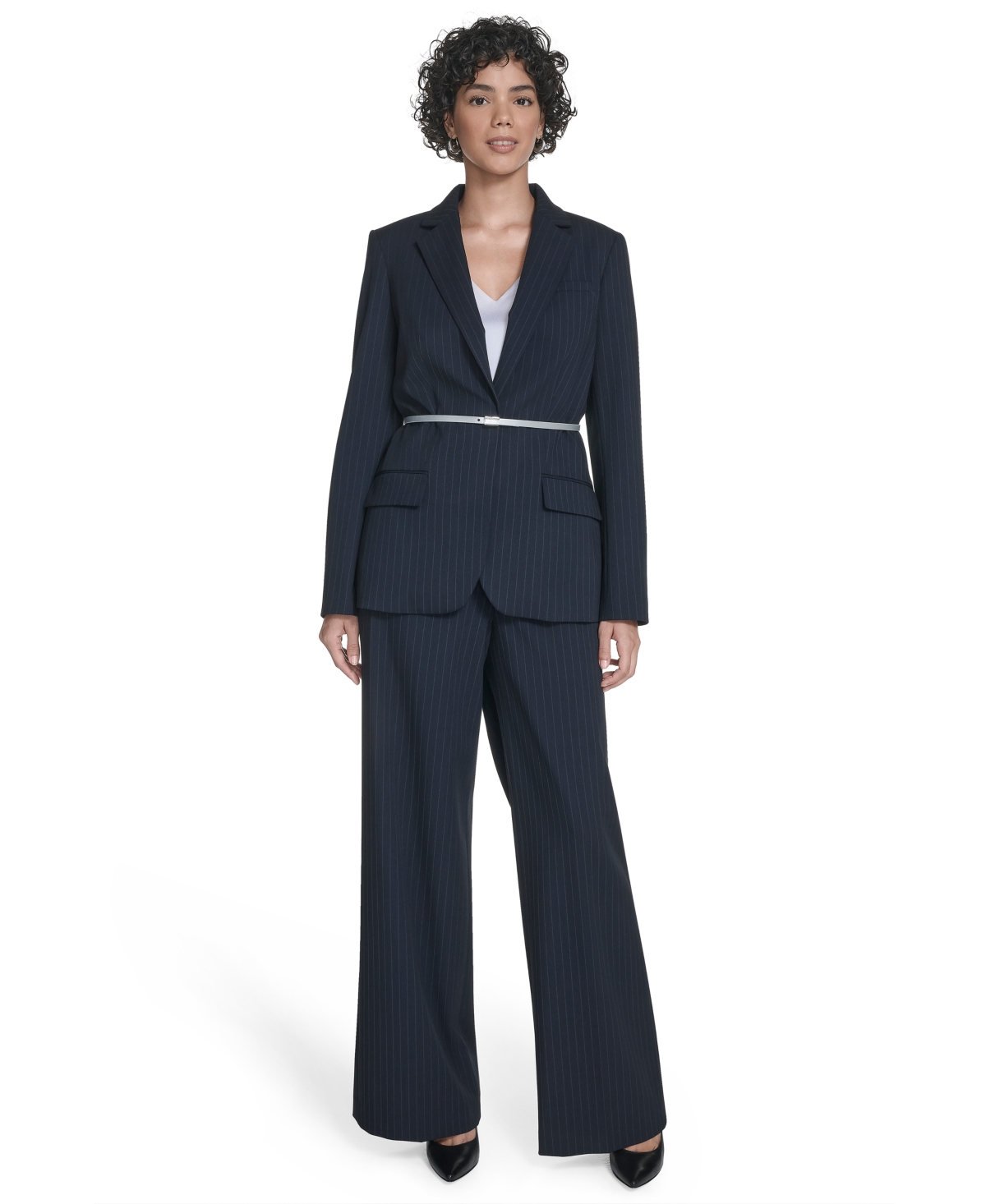 Calvin Klein Women's Pinstripe Belted One-button Jacket In Multi