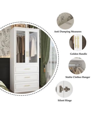 White 2-door 3-drawer wardrobe with tempered glass, bedroom Armoire, wooden Closet