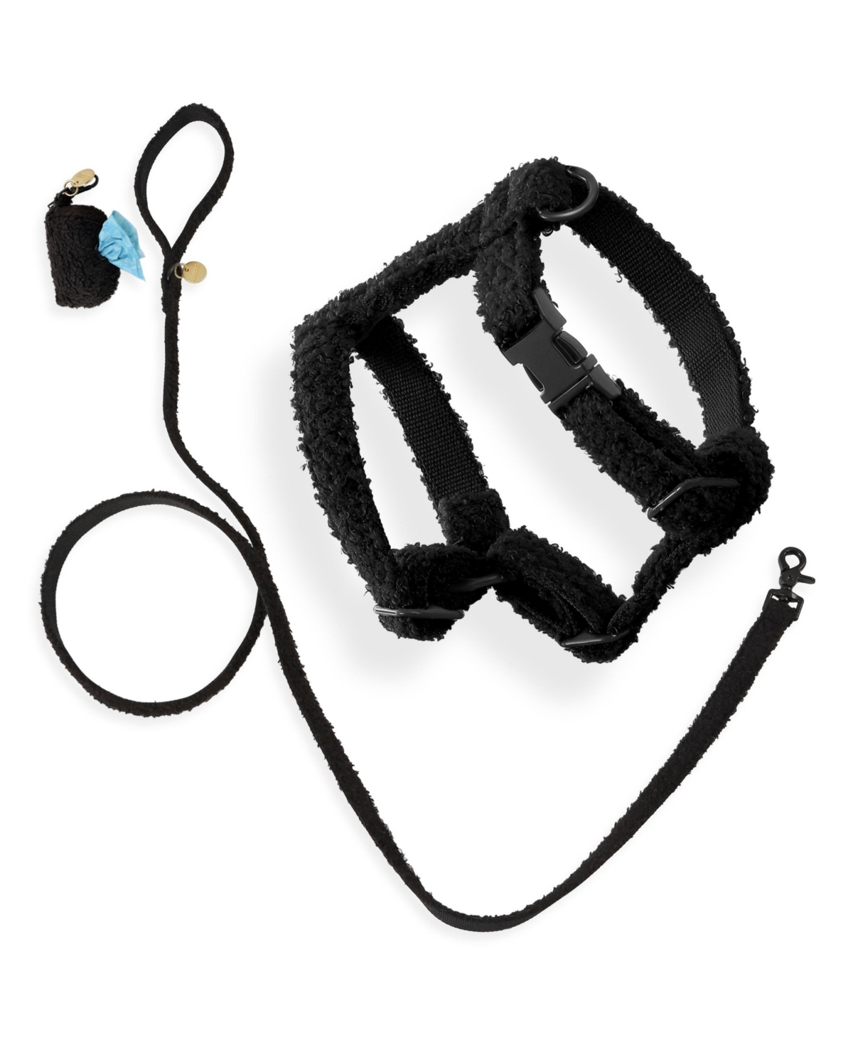 The Licker Store, Teddy Boucle Adjustable Harness and Leash Walk Set with Poop Bag Pouch - Black