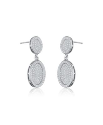 Sterling Silver White Gold Plating with Clear Cubic Zirconia Oval Drop Earrings