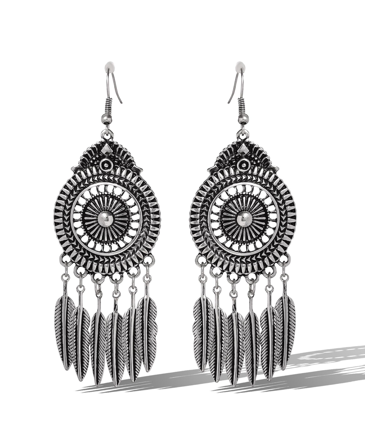 Antique Silver Boho Feather Statement Drop Earrings - Silver