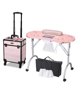 Folding Manicure Table Rolling Makeup Train Case Blush Forgetmenot
