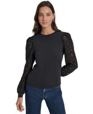 Women's Lace Puff-Sleeve Crewneck Top