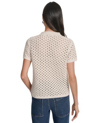 Women's Open Stitch Crewneck Short-Sleeve Sweater