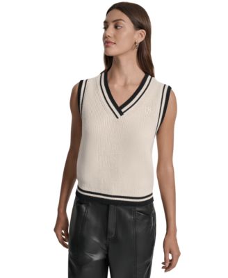 DKNY Jeans - Women's Contrast Trim Cotton V-Neck Sleeveless Sweater
