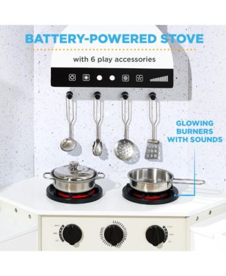 Pretend Play Corner Kitchen, Interactive Wooden Kids Set w/ Lights and Sounds