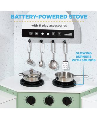 Pretend Play Corner Kitchen, Interactive Wooden Kids Set w/ Lights and Sounds