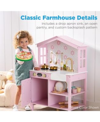 Pretend Play Wooden Farmhouse Kitchen Set w/ Storage, Clicking Knobs, 5 Accessories