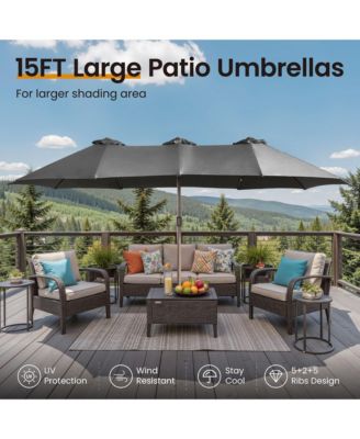 15ft Patio Umbrella with Base,12 Heavy Duty Ribs Large Outdoor Double-Sided Rectangle Umbrella with Crank Handle, Market Umbrella for Backyard