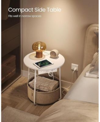 Round End Table with Basket and Outlets, Matte White & Caramel Brown