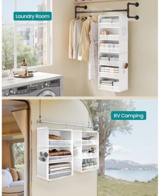 6-Tier Hanging Closet Organizer, Foldable Fabric Shelf with Side Pockets, Bamboo Inserts & Metal Hooks , Cloud White